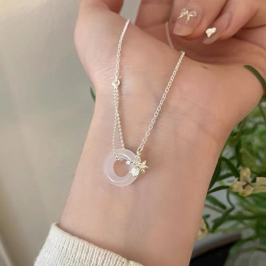 Sterling Silver Tulip White Jade Peace Buckle Necklace