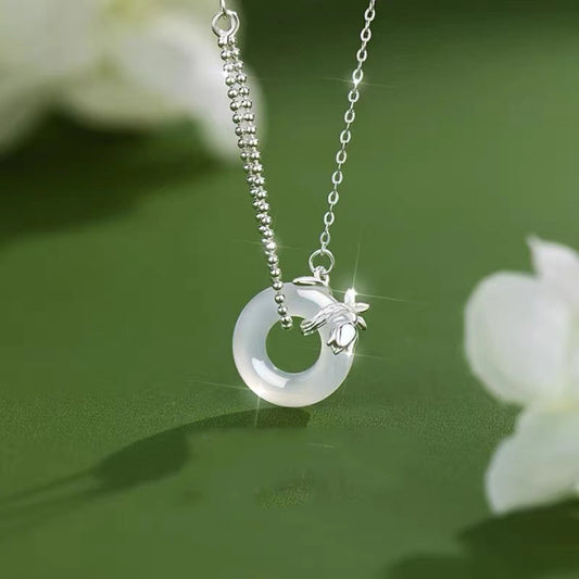 Sterling Silver Tulip White Jade Peace Buckle Necklace