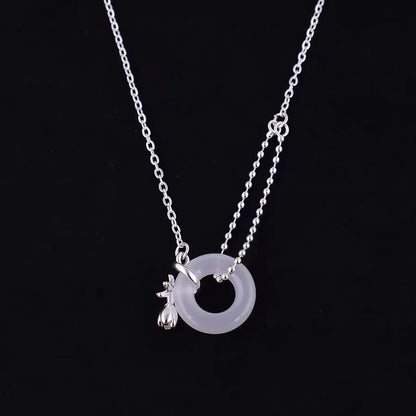 Sterling Silver Tulip White Jade Peace Buckle Necklace