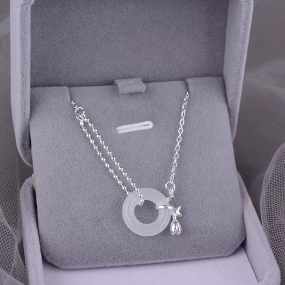 Sterling Silver Tulip White Jade Peace Buckle Necklace