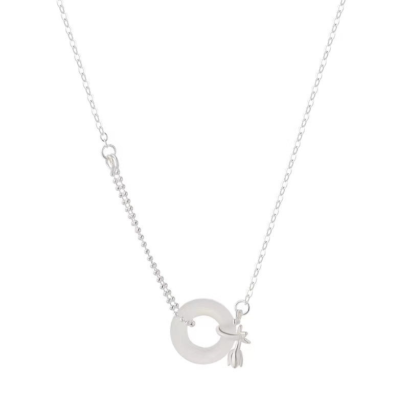 Sterling Silver Tulip White Jade Peace Buckle Necklace