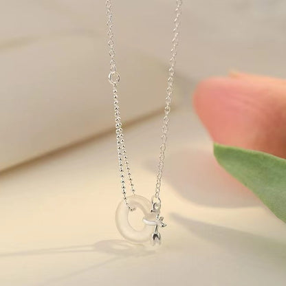 Sterling Silver Tulip White Jade Peace Buckle Necklace